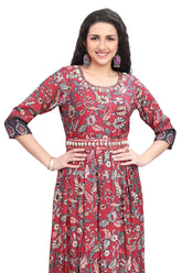 Red Modal Kalamkari Print Frock Style Kurti with Peplum Border